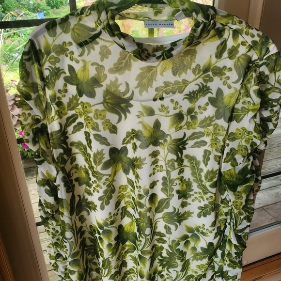 Susan Graver Printed Mesh Rushed Mock Neck Long Sleeve Lined Sz. L Blouse - Picture 2 of 11